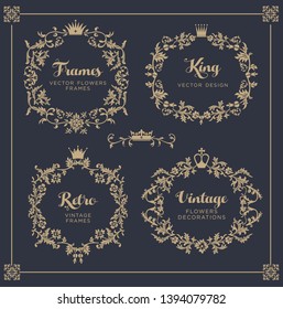 Vintage vector Set. Floral elements for design of monograms, invitations, frames, menus, labels and websites. For design of catalogs and brochures of cafes, boutiques. Retro style.