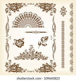 vintage vector set: frames and roses