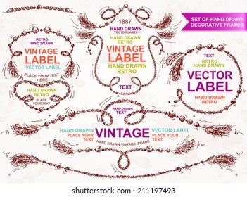 Conjunto vectorial vintage: elementos de diseño dibujados a mano y marcos
