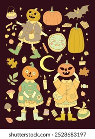 vintage vector set of hand drawn pumpkin head characters with added autumn things and sweets on background