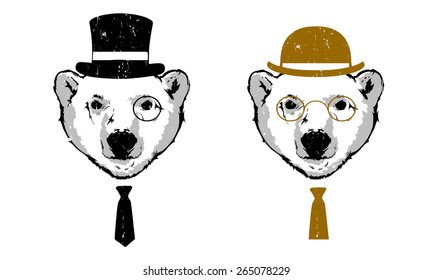Vintage Vector set - Hipster white bear in the glasses and tie