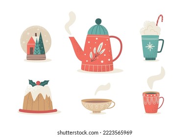 Vintage vector set of hot winter drinks. Cozy teapot, mugs and sweets: coffee, tea, hot chocolate with whipped cream, traditional Christmas cake. Mugs for Xmas, New year or winter holidays