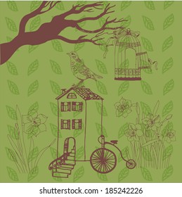 vintage vector set with house, bird and daffodils