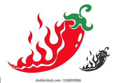 Vintage vector set icons of chilli pepper in flame. Retro illustration of red chili pepper in fire.