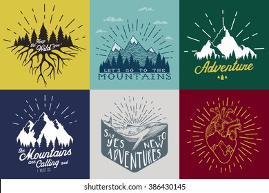 Vintage vector set with inspirational and motivational posters with quotes and graphic elements. The mountains are calling and i must go