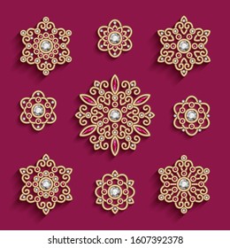 Vintage vector set of jewelry gold circle ornaments decorated with diamonds and ruby gem stones, elegant collection of round mandala patterns, filigree jewellery pendants on table