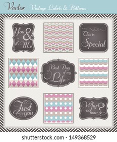 Vintage vector set with labels, printables and seamless patterns