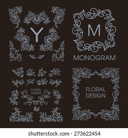 Vintage vector set of line design elements for logos, frames and borders in modern style