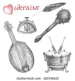 Vintage vector set of national Ukrainian symbols. Ink hand drawn illustration isolated on white