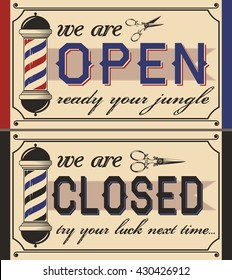 Vintage vector set of open and closed signs for barber shop.