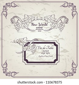 Vintage vector set: ornamental cafe, restaurant menu frames and calligraphic wine label on old paper background