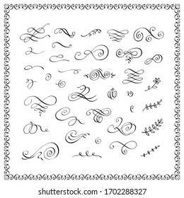 Vintage vector set of ornaments swirls and scrolls decorations design elements. Flourishes calligraphic combinations for retro design, greeting cards, certificates borders, frames and invitations.