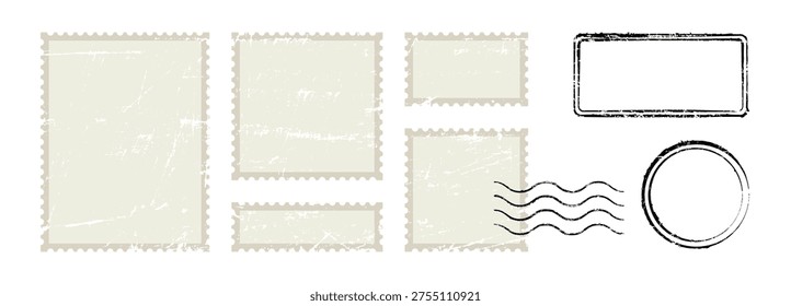 Vintage vector set of postage stamps and labels in grunge style with scratched marks, ideal for graphic design projects and creative layouts offering a versatile collection.