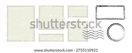Vintage vector set of postage stamps and labels in grunge style with scratched marks, ideal for graphic design projects and creative layouts offering a versatile collection.