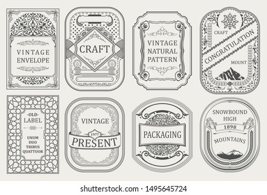 Vintage vector set retro cards. Template greeting card border or invitation. Black and white linear calligraphic frames. Floral design label advertising, place for text. Flourish ornate background