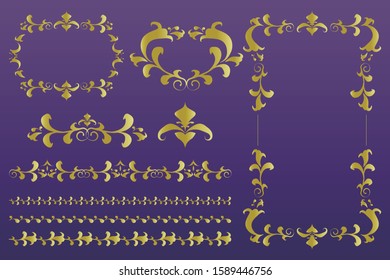 
Vintage vector set of rose. Frame, line, decoration. Purple background.