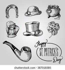 vintage vector set for saint patricks day with horseshoe, bowler, top hat, pot of gold, beer mug, clover and pipe black 