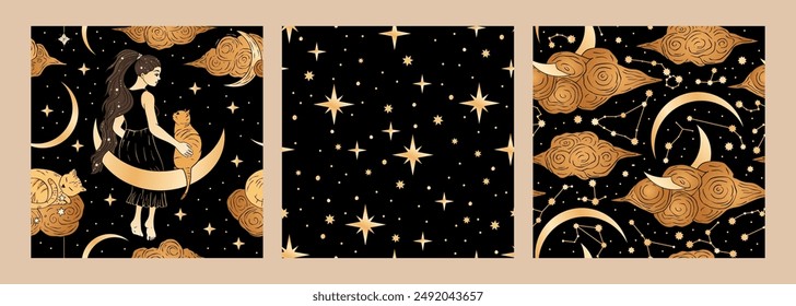 Vintage vector set of seamless pattern magic celestial mystic fairy theme with the image of the golden moon, sky, star, girl with a cat