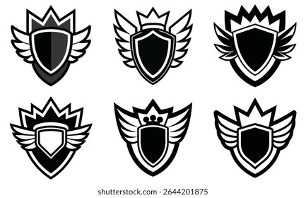 Vintage Vetor Conjunto de escudo Emblemas com asas e coroas Preto e branco Heráldica Badges Coleção, Heráldica Alado Escudo Emblemas com coroas - Vintage Vetor Badge Collection em preto e branco