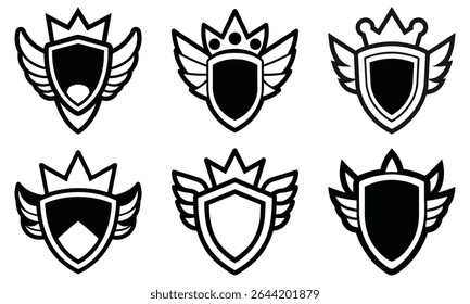 Vintage Vetor Conjunto de escudo Emblemas com asas e coroas Preto e branco Heráldica Badges Coleção, Heráldica Alado Escudo Emblemas com coroas - Vintage Vetor Badge Collection em preto e branco