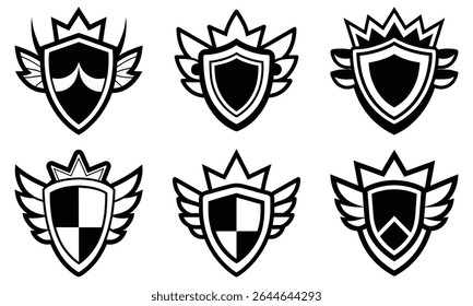 Vintage Vetor Conjunto de escudo Emblemas com asas e coroas Preto e branco Heráldica Badges Coleção, Heráldica Alado Escudo Emblemas com coroas - Vintage Vetor Badge Collection em preto e branco