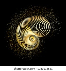 Vintage vector shell glitter gold on black backdrop. Retro art Deco summer background.