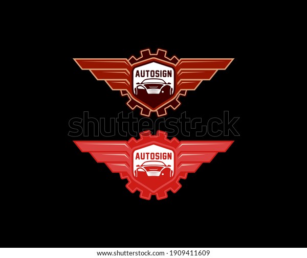 vintage vector shield with wings and\
cars inside. Automotive logo design concept\
illustration