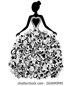 Vintage vector silhouette of beautiful wedding dress 