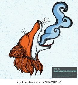 Vintage vector sketch of fox with fume. Hand drawn illustration in dot art style with line art elements. Engraved tattoo sketch
