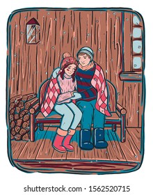 Vintage vector sketch illustration. Man and woman hugging. Loving couple sits near the house during snowfall. Romantic winter holidays. Design for valentines, poster, print, postcard, sticker, banner.