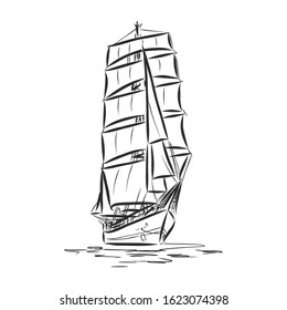 Vintage vector sketch illustration of sailing ship at sea