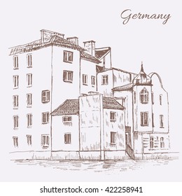 Vintage vector sketch tile old houses, Europe, Historical building travel sketchy line art isolated, retro grunge style, touristic postcard, poster, calendar template, page idea with european houses