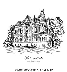 Vintage Vector Sketch Tile Old European House, Mansion, Historical Building Sketchy Line Art Isolated, Touristic Postcard, Poster, Calendar Template, Page Idea With European Houses, Book Illustration