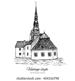 Vintage vector sketch tile old european mansion, tower, Historical building line art  engraving isolated, touristic postcard, calendar template, page idea with european houses, book illustration