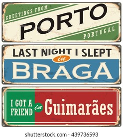 Vintage vector souvenir sign or postcard templates with Portugal cities. Places to visit and remember.