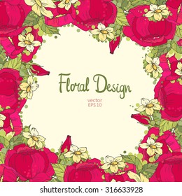 Vintage Vector Spring floral frame. Pink Hand Drawn Peonies Border On Light Yellow Background With Place For text. Good For Web, Invitations, Greeting and Save The Date Cards.