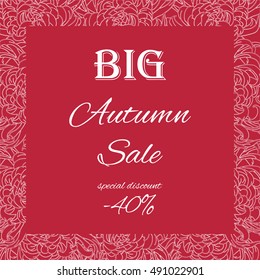 Vintage vector squared frame in color True red.Big autumn sale banner with laces