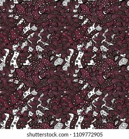 Vintage. Vector. Stylish fabric pattern. Seamless Doodles brown, black, white, gray and purple on colors.