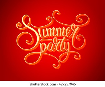 Vintage vector summer party lettering on red background for poster design. Lettering for invitation, flyer. Retro style text, handwriting, calligraphic design element. EPS 10.