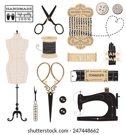 Vintage vector tailor's tools - scissors, measuring tape, mannequin, etc. And logo and label collection