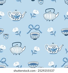 Vintage vector tea seamless pattern. Tea pals and teapots for the Chinese tea ceremony. Ornamental bowl, bows and tea pots seamless pattern design in blue colors. Chinoisierie style.