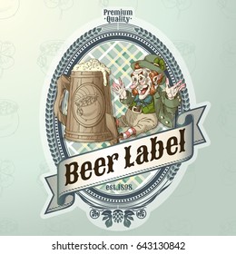 Vintage vector template of beer label with Leprechaun and beer mug.