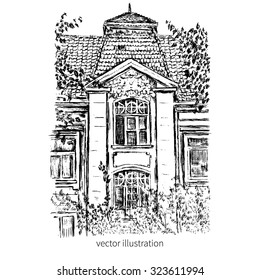 Vintage vector tile old european house, hand drawn mansion, graphic illustration, Historical building ink sketchy line art isolated, touristic postcard, poster, calendar template, book illustration