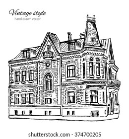 Vintage vector tile old european house, hand drawn mansion, graphic illustration, Historical building ink sketchy line art isolated, touristic postcard, poster, calendar template, book illustration