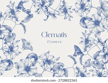 Vintage Vector Toile frame for design greeting card, wedding decor, invitation, gift. Delicate Floral background. Engraved Clematis flowers and butterflies blue on beige. Hand drawn illustration