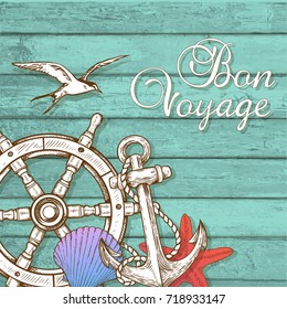 Vintage vector travel background with hand wheel and anchor on a green wooden surface. Bon voyage lettering.