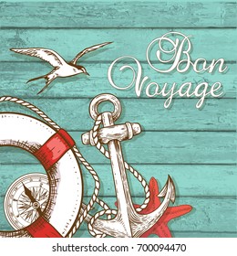 Vintage vector travel background with lifebuoy and anchor on a green wooden surface. Bon voyage lettering.