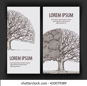 Vintage vector tree. Design template banner ecology or nature, forest. Hand-drawn sketch illustration