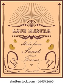 Vintage vector vertical banner with love nectar drink label. Fantasy wine label for Valentines Day fun.