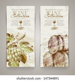 Vintage vector vertical banners with hand drawn grapes and casks